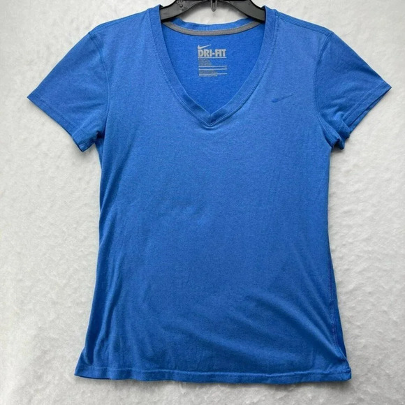 Nike Dri fit T-Shirt Women's Sz S Blue V Neck Short Sleeves Regular Fit Pullover - Picture 1 of 11